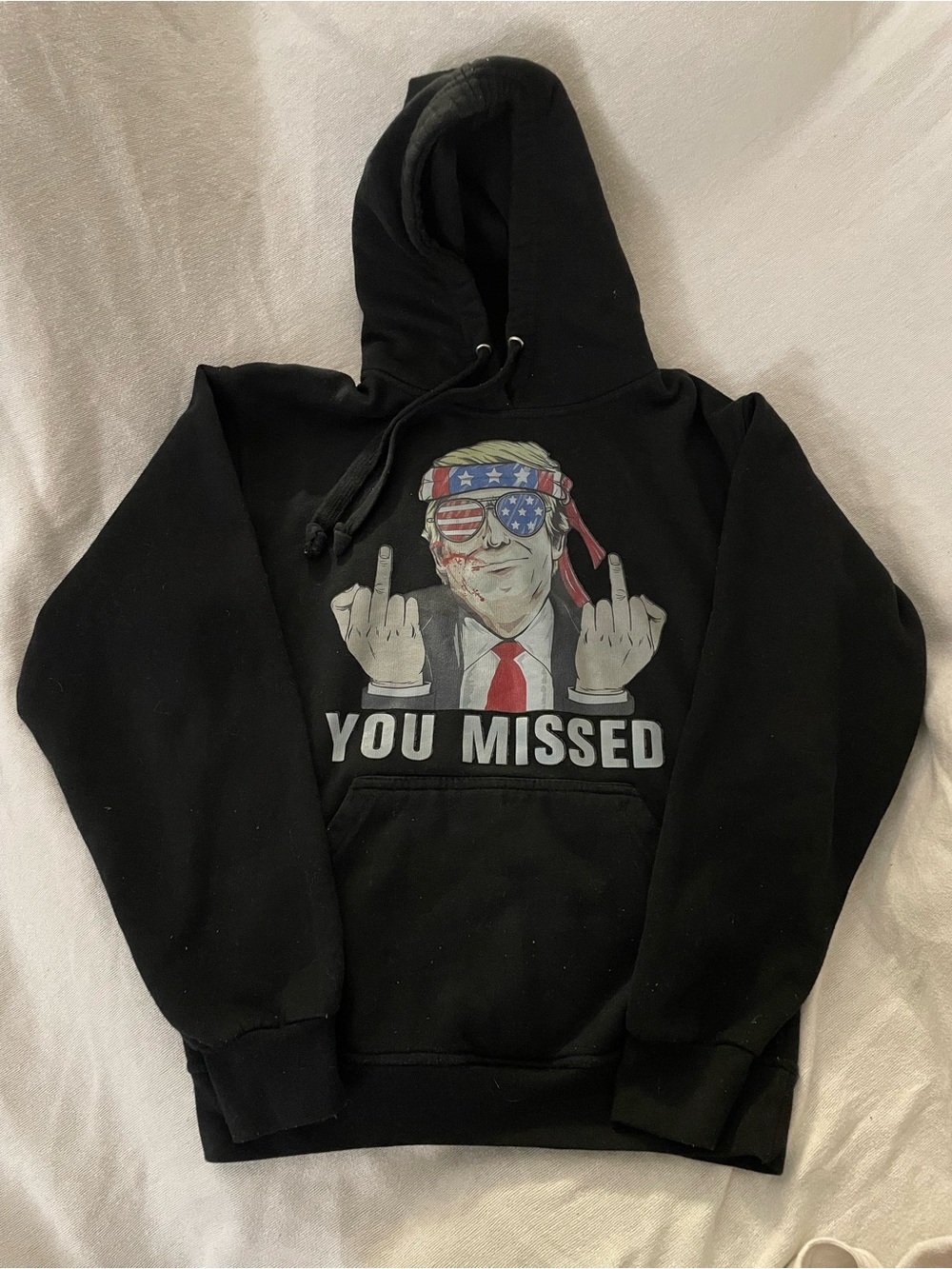 Black Graphic Pullover Hoodie with Patriotic Illustration